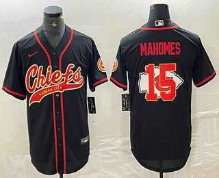 Mens Kansas City Chiefs #15 Patrick Mahomes Black Team Big Logo With Patch Cool Base Stitched Baseball Jersey